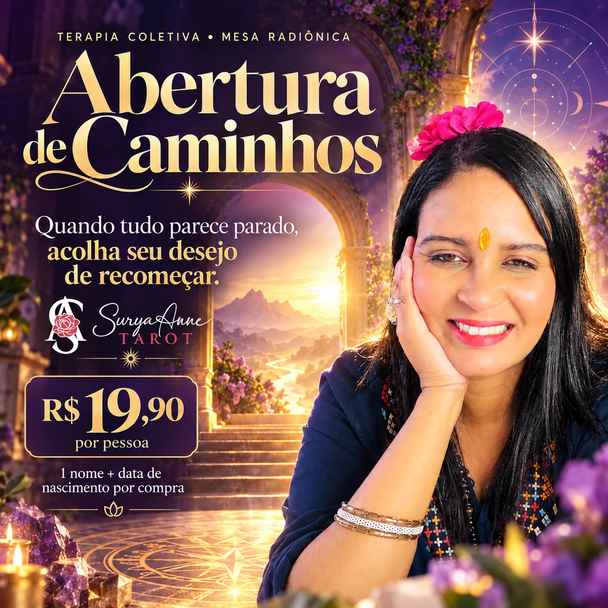 Arte de apresentação de Abertura de Caminhos, produto de Surya Anne. Valores e condições detalhados nesta página.